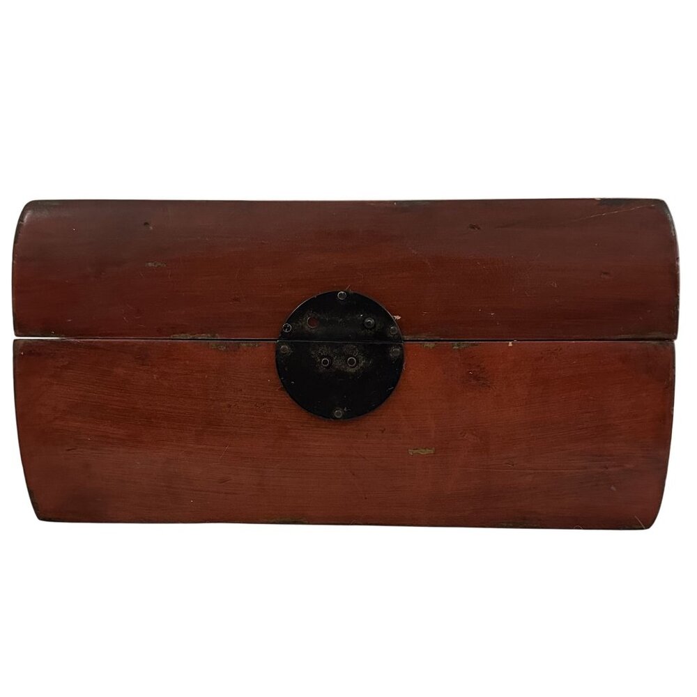 Pottery Barn Trinket Storage Box Antiqued Lacquered Red Wood with Damaged Lock